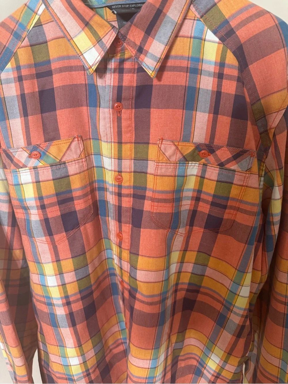 The North Face Men's Plaid Button-Up Shirt in Orange and Blue - size Medium